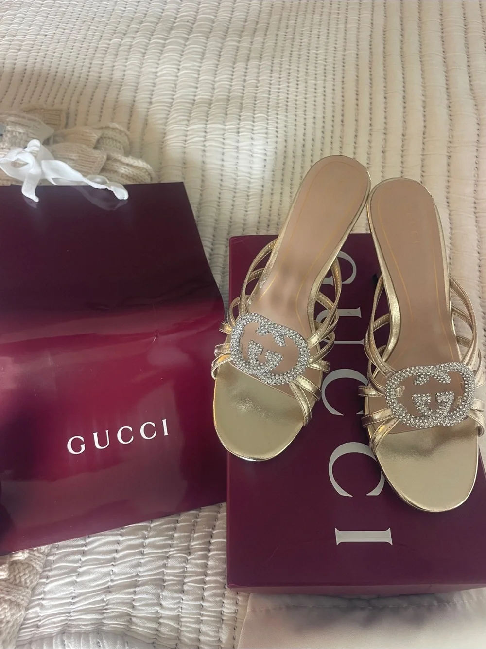 Gucci Gold Crystal Interlocking G Slide Sandals